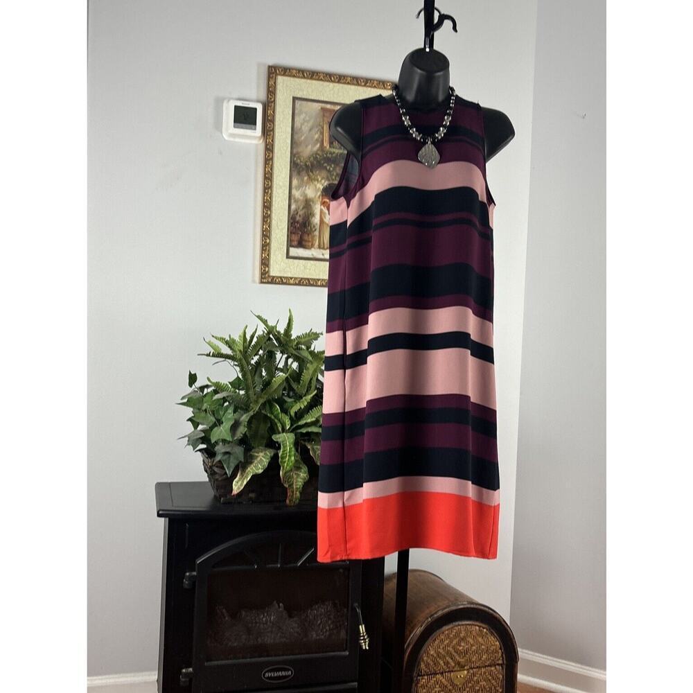 Ann Taylor Pleated MulticolorSleeveless Women's Dress Striped Small Round Neck